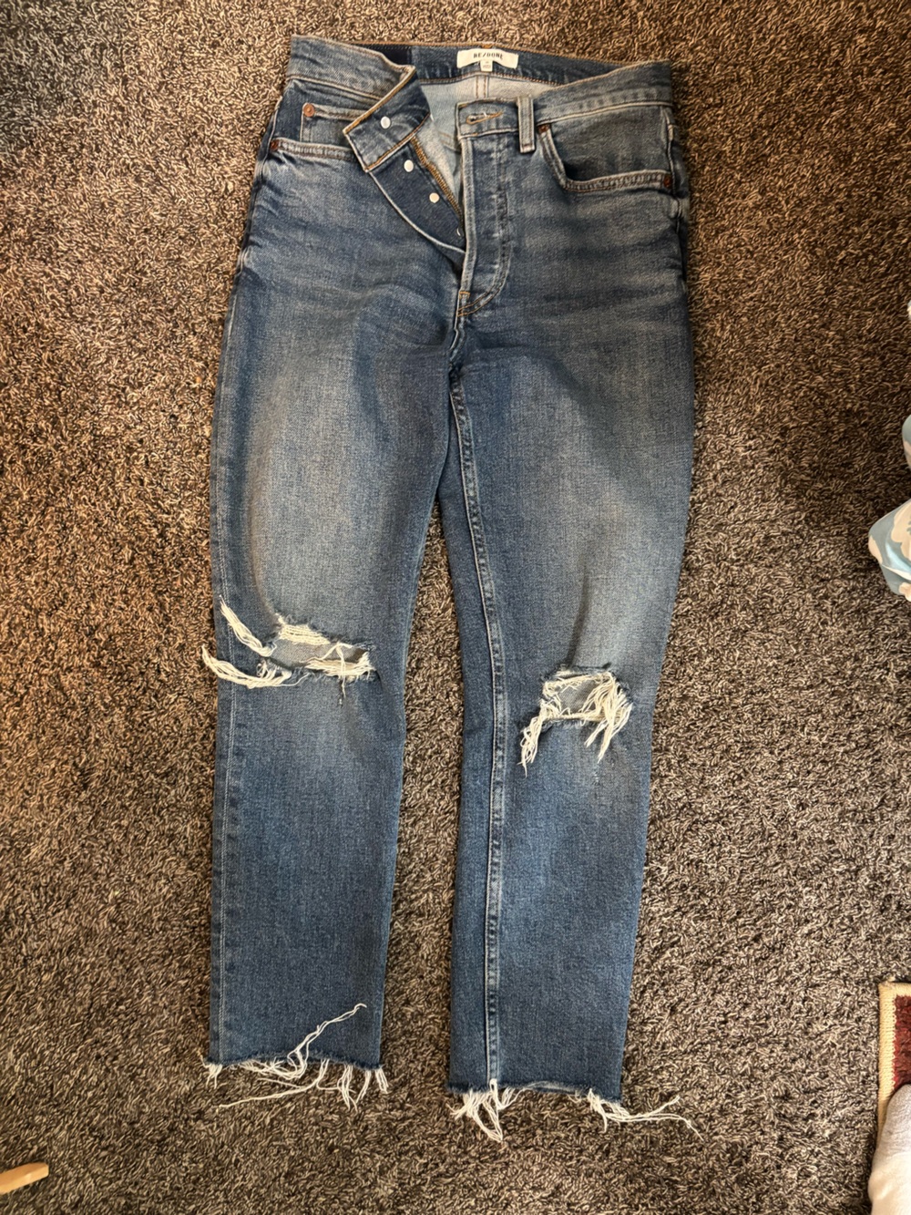 Re/Done High Rise Ankle Cropped Ripped Blue Denim Jeans